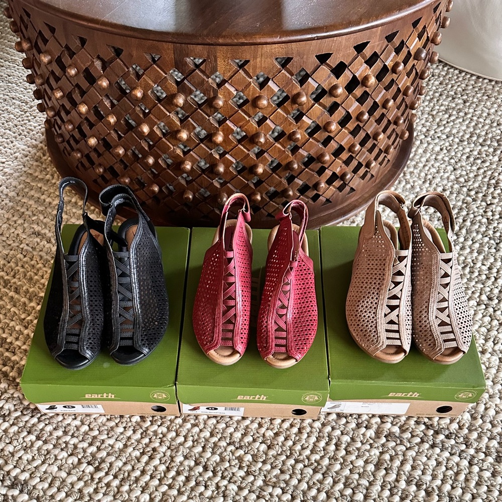 Earth “Calla” Peep Toe Sandals in Black, Red, and Tan